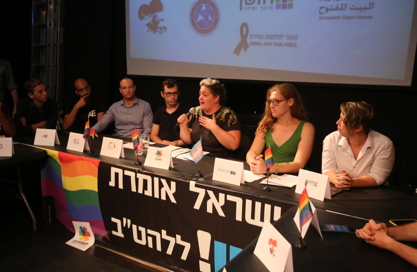 Leaders of LGBT organizations present demands for equal rights at press conference at the Tel Aviv Municipal LGBT Community Center in Gan Meir on Wednesday (photo credit: MARC ISRAEL SELLEM)
