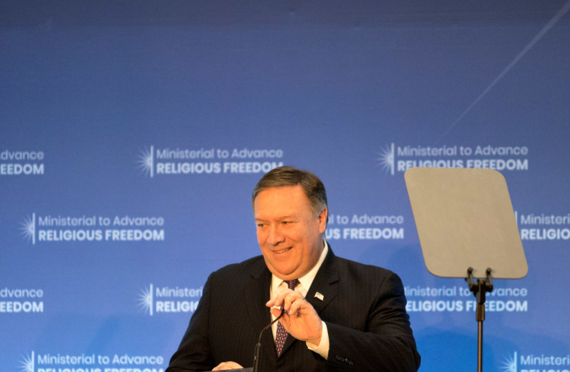 US Secretary of State Pompeo speaks at the Ministerial to Advance Religious Freedom at the State Department in Washington, US, July 26, 2018. (photo credit: ALEX WROBLEWSKI /REUTERS)