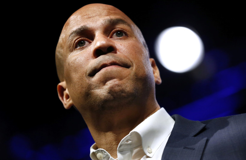 US Senator Cory Booker (D-NJ) speaks at the Netroots Nation annual conference for political progressives in New Orleans, Louisiana, US, August 3, 2018 (photo credit: JONATHAN BACHMAN/REUTERS)