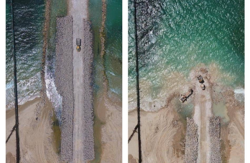 A before (R) and after (L) of the sea barrier built by Israel, released August 5, 2018 (photo credit: DEFENSE MINISTRY)