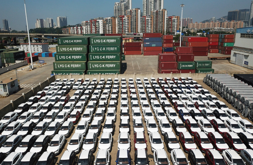 Cars to be exported sit at a port in Lianyungang, Jiangsu province, China, 2018 (photo credit: REUTERS/STRINGER)