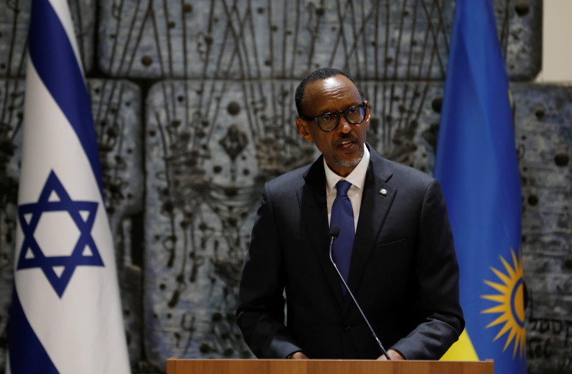 President of Rwanda Paul Kagame speaks as he delivers a joint statement with Israeli President Reuven Rivlin and Israeli Prime Minister Benjamin Netanyahu during their meeting in Jerusalem July 10, 2017 (photo credit: REUTERS/Ronen Zvulun)