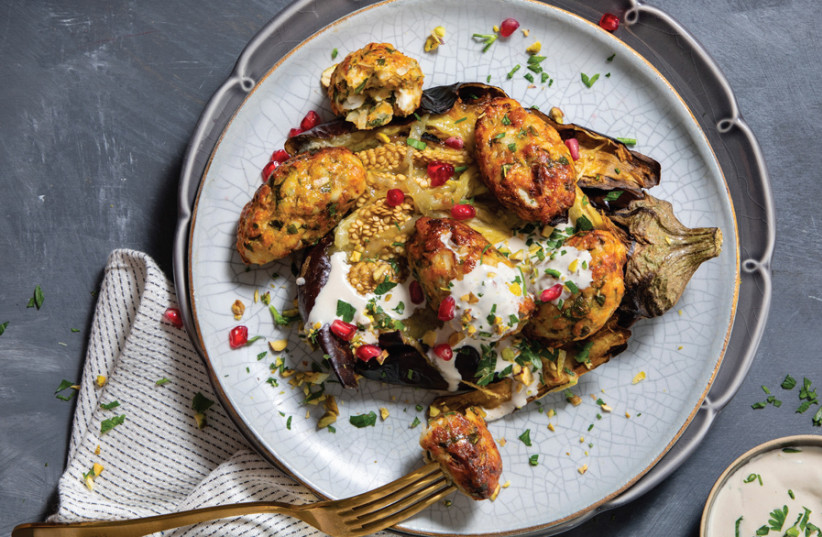 FISH CAKES WITH ROASTED EGGPLANT, TEHINA AND PISTACHIOS (photo credit: SARIT GOFFEN)