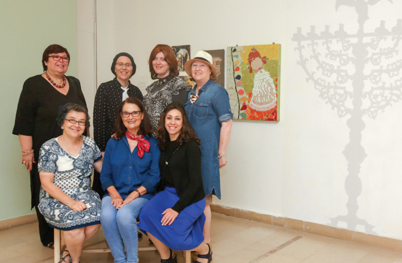 A group of Studia artists visit the Wolfson Museum of Jewish Art at Hechal Shlomo, where several pieces of their art are on exhibit: (Back row from left) Gila Elyashar-Stocklisky, Malka Schallheim, Menucha Yankelevitch and Michal Halevy; (front row from left) Hanna Salmon, Haya White and Etty Barcla (photo credit: MARC ISRAEL SELLEM)