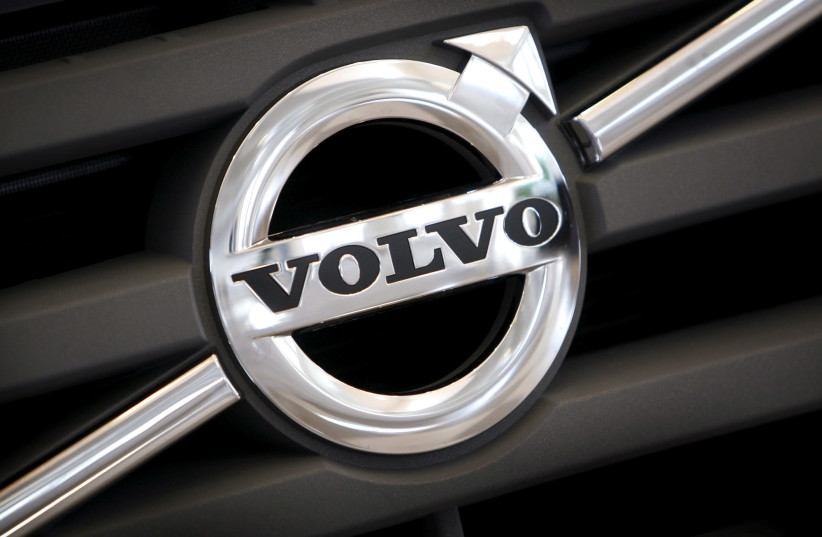 The logo of Volvo is seen on the front grill of a Volvo truck in a customer showroom at the company's headquarters in Gothenburg, Sweden, September 23, 2008.  (photo credit: REUTERS/BOB STRONG/FILE PHOTO)