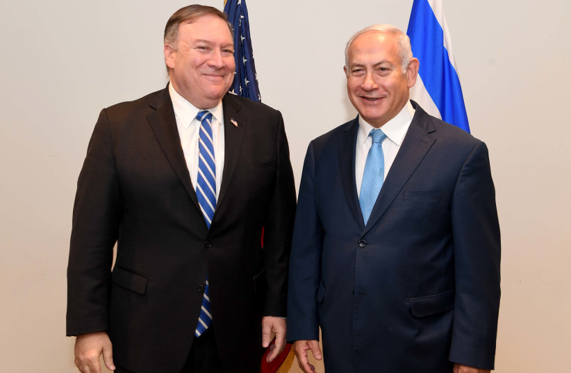 Benjamin Netanyahu and Mike Pompeo meet at the UN Security Council, September 26, 2018 (photo credit: GPO PHOTO DEPARTMENT)