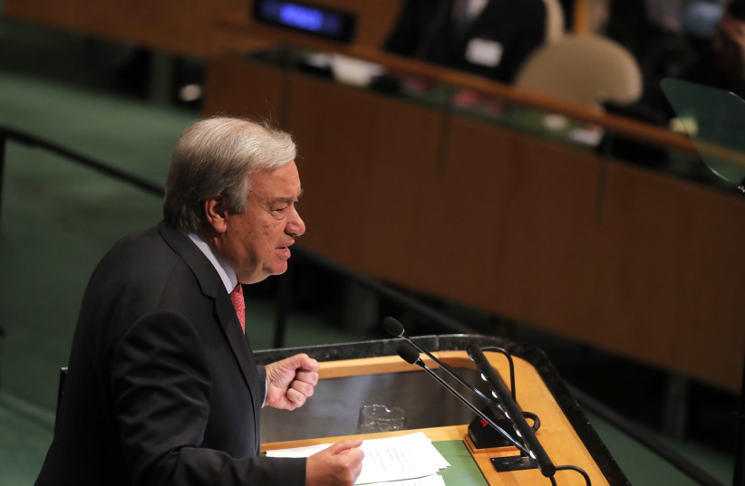 United Nations Secretary General Antonio Guterres delivers the opening address at the 73rd session of the United Nations General Assembly at U.N. headquarters in New York, U.S., September 25, 2018 (photo credit: REUTERS/CAITLIN OCHS)