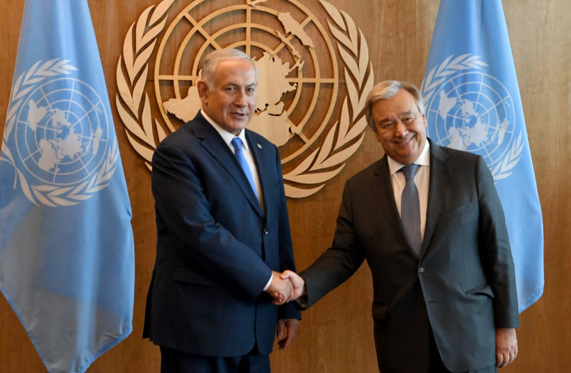 Prime Minister Benjamin Netanyahu meets with UN Secretary General Antonio Guterres on the sidelines of the UN General Assembly (photo credit: AVI OHAYON - GPO)
