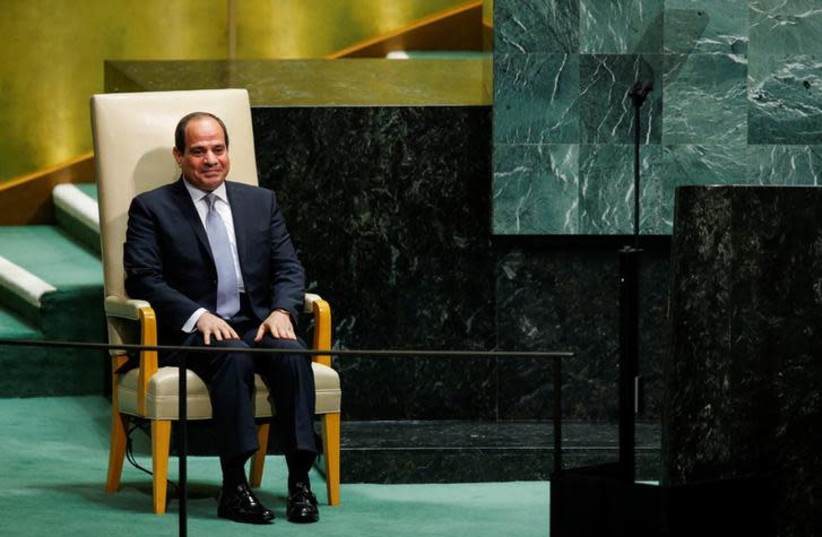Egypt's President Abdel Fattah al-Sisi sits in the chair reserved for heads of state before delivering his address during the 73rd session of the United Nations General Assembly at U.N. headquarters in New York, U.S., September 25, 201 (photo credit: EDUARDO MUNOZ / REUTERS)
