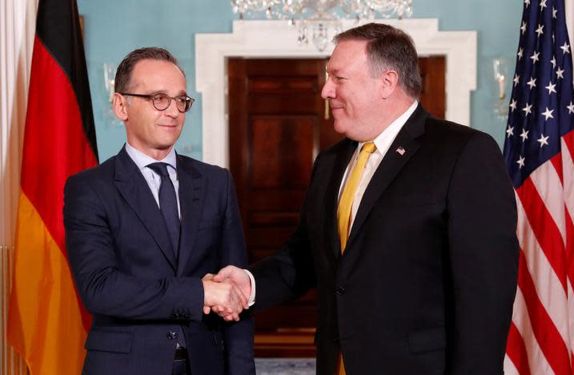 U.S. Secretary of State Mike Pompeo meets German Foreign Minister Heiko Maas (L) at the State Department in Washington, US, October 3, 2018 (photo credit: KEVIN LAMARQUE/REUTERS)
