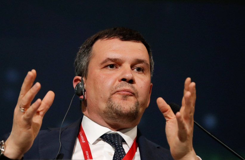 Maxim Akimov, Russian Deputy Prime Minister responsible for transport and communications, speaks during a session of the St. Petersburg International Economic Forum (SPIEF), Russia May 24, 2018 (photo credit: SERGEI KARPUKHIN/REUTERS)