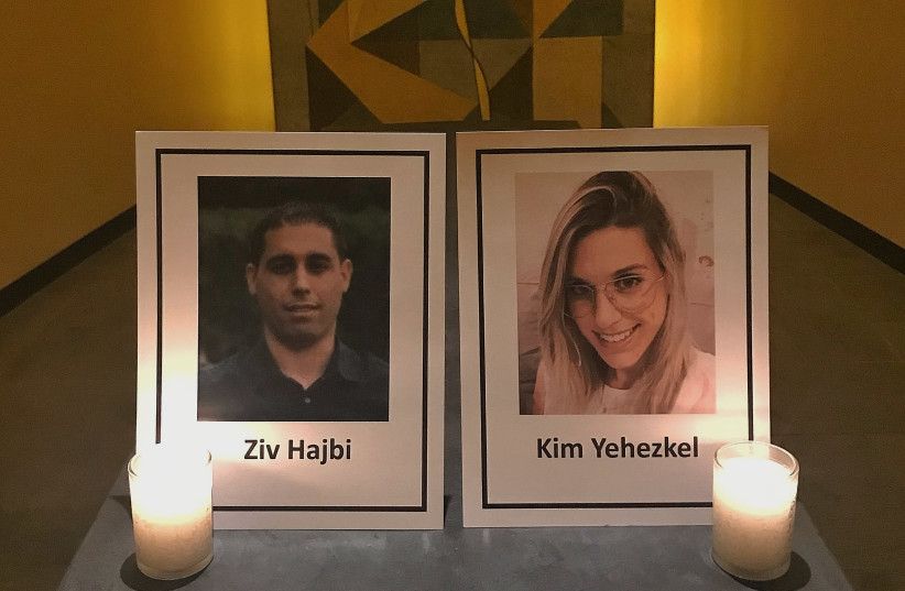UN has not yet condemned the attack. Pictures commemorating terror attack victims Ziv Hajbi and Kim Yehezkel by Israeli ambassador Danon at the UN Headquarters, October 9, 2018  (photo credit: Courtesy)