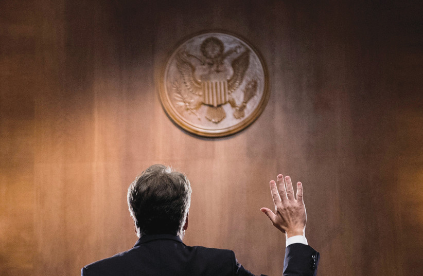 JUDGE BRETT Kavanaugh preparing to speak to the US Senate Judiciary committee.  (photo credit: REUTERS)