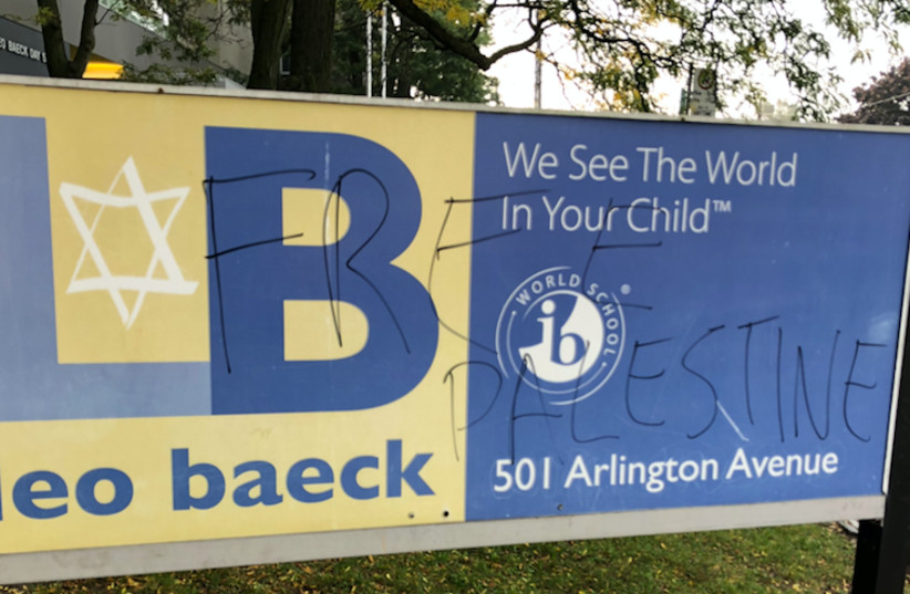 Promotional sign for Leo Baeck Day School in Toronto defaced with pro-Palestinian graffiti  (photo credit: B'NAI BRITH CANADA)