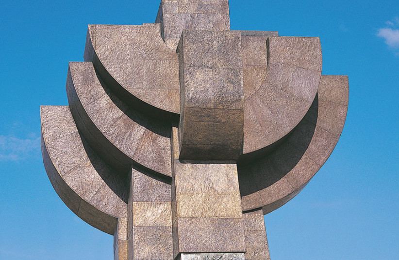 The 9-meter ‘Rebirth’ sculpture in Rishon Lezion (1988) is a steel construction plated with textured copper and cast aluminum, symbolizing the rebirth of Israel up to 1948 (photo credit: Courtesy)