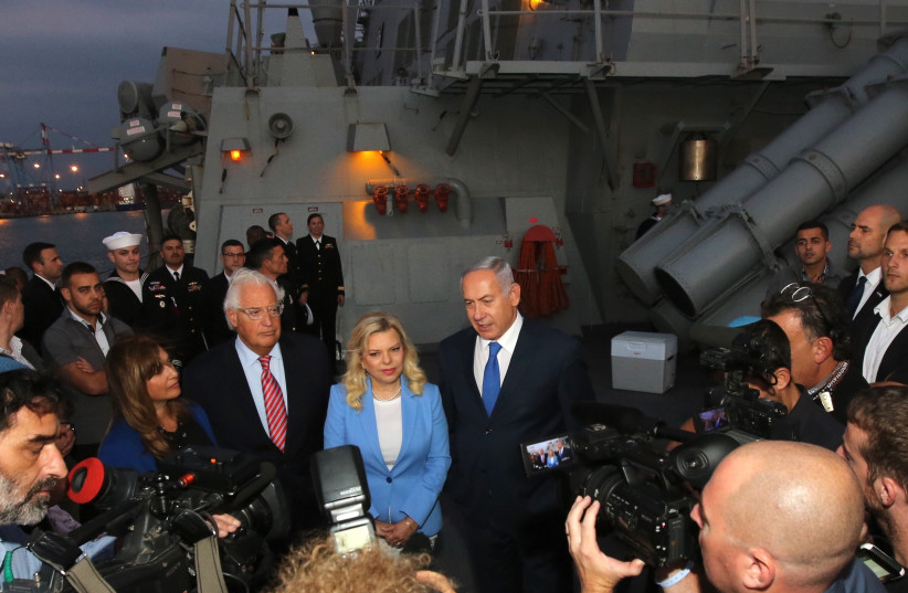 US Ambassador David Friedman, Sara Netanyahu and Prime Minister Benjamin Netanyahu at a press conference on a US Navy destroyer ship visit to Ashdod, October 11, 2018 (photo credit: MARC ISRAEL SELLEM)
