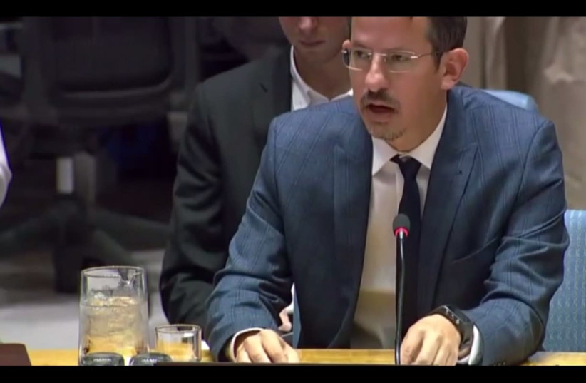 B’Tselem’s Director-General Hagai El-Ad adresses the UN Security Council, October 18th, 2018 (photo credit: screenshot)
