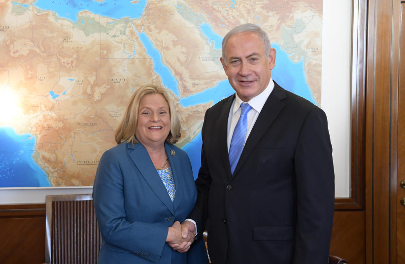 Prime Minister Benjamin Netanyahu meets Congresswoman Ileana Ros Lehtinen, October 22, 2018 (photo credit: AMOS BEN-GERSHOM/GPO)