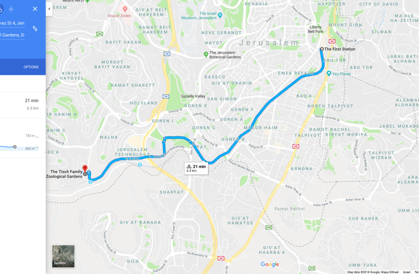 Picture of Google's new bicycle navigation service displaying a Jerusalem route (photo credit: GOOGLE)