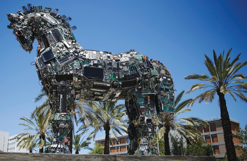 A ‘CYBER Horse’ statue symbolizes Israel’s technological prowess. ‘Israel is continuously attracting the interest of Chinese companies, which envisage either investment or purchase of stakes in Israeli ones.’ (photo credit: REUTERS)