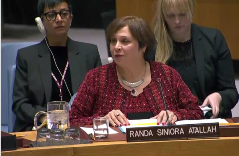 Randa Siniora Atallah speaks at the U.N. Security Council, October 25, 2018 (photo credit: screenshot)
