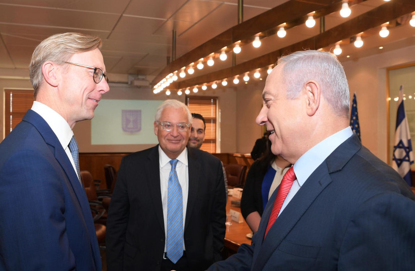 Prime Minister Benjamin Netanyahu meets with US envoy Brian Hook and US Ambassador to Israel David Friedman (photo credit: AMOS BEN-GERSHOM/GPO)