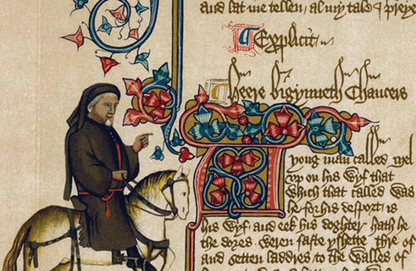 Chaucer as a pilgrim in a page from the the early 15th century Ellesmere Manuscript, owned by the Huntington Library in San Marino, California (photo credit: Wikimedia Commons)
