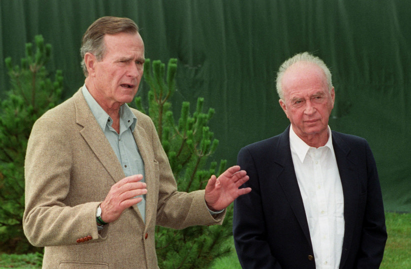 Israelli Prime Minister Yitzhak Rabin and President Bush speak to the press at Bush's seaside retreat in Kennebunkport, August, 10, 1992 (photo credit: WIN MCNAMEE/REUTERS)