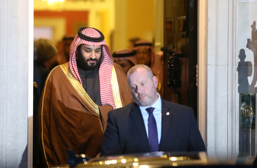 The Crown Prince of Saudi Arabia Mohammad bin Salman leaves 10 Downing Street in London, March 7, 2018 (photo credit: SIMON DAWSON/ REUTERS)