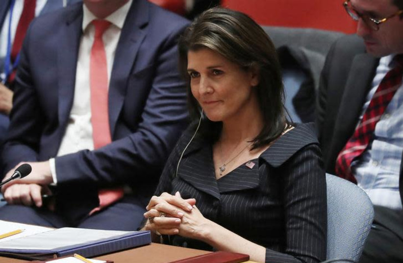 United States Ambassador to the United Nations Nikki Haley listens to a speaker during a U.N. Security Council meeting on the Middle East at U.N. headquarters in New York, U.S., December 18, 2018. (photo credit: REUTERS/SHANNON STAPLETON)