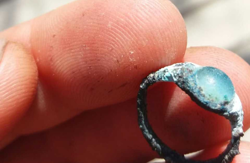 Two-thousand-year-old ring with a solitaire gem stone uncovered in archaeological excavations in the City of David National Park in Jerusalem (photo credit: CITY OF DAVID)
