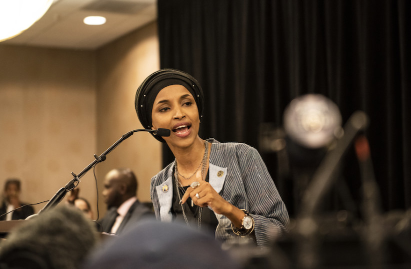 Ilhan Omar speaks at an election night results party in Minneapolis, Nov. 6, 2018.  (photo credit: STEPHEN MATUREN / GETTY IMAGES NORTH AMERICA / AFP)