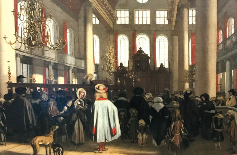 A painting in the Joodse Historische Museum of the Esnoga Synagogue, painted in the 18th century showing the affluence of the Jews at the time (photo credit: ROBERT HERSOWITZ)