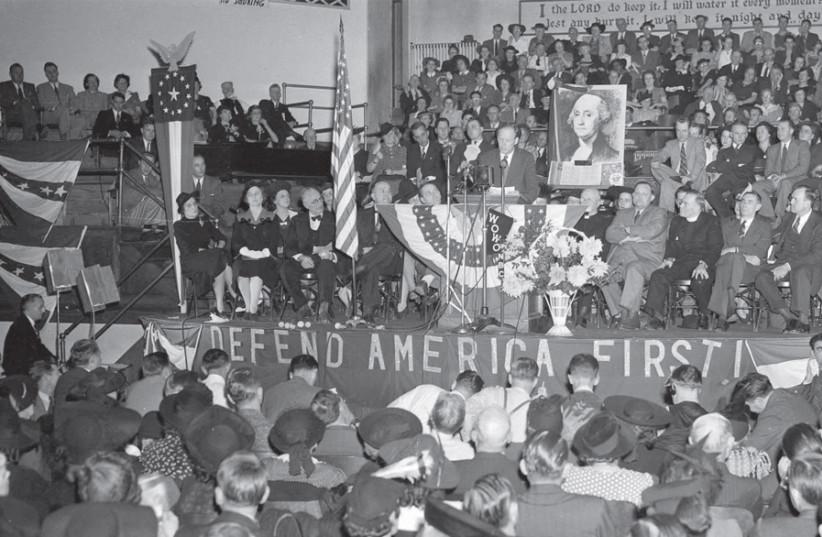 CHARLES LINDBERGH speaks at an ‘America First’ rally in Fort Wayne, Indiana, in 1941. (photo credit: Wikimedia Commons)