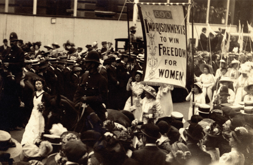 BRITISH SUFFRAGETTE Christabel Pankhurst takes part in a procession, 1911. (photo credit: LSE LIBRARY/FLICKR)
