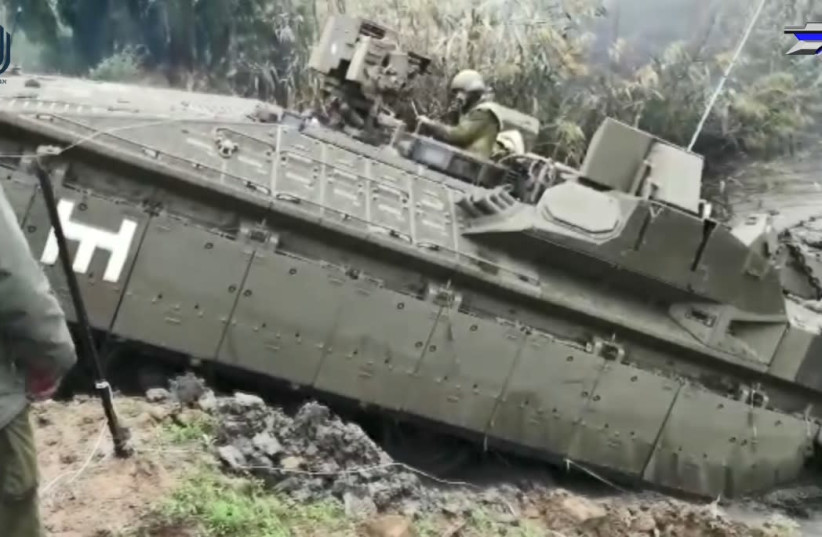 Israeli Army Namer tank crosses river  (photo credit: DEFENSE MINISTRY)