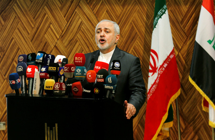Iranian Foreign Minister Mohammad Javad Zarif speaks during the economic forum in Sulaimaniya, Iraq January 15, 2019 (photo credit: AKO RASHEED / REUTERS)