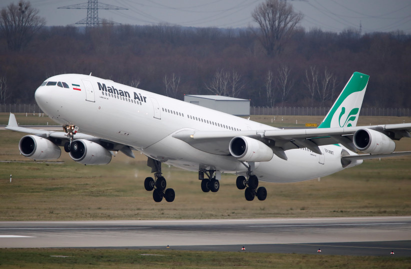 An Airbus A340-300 of Iranian airline Mahan Air takes off from Duesseldorf airport DUS, Germany January 16, 2019. Picture taken January 16, 2019 (photo credit: WOLFGANG RATTAY / REUTERS)