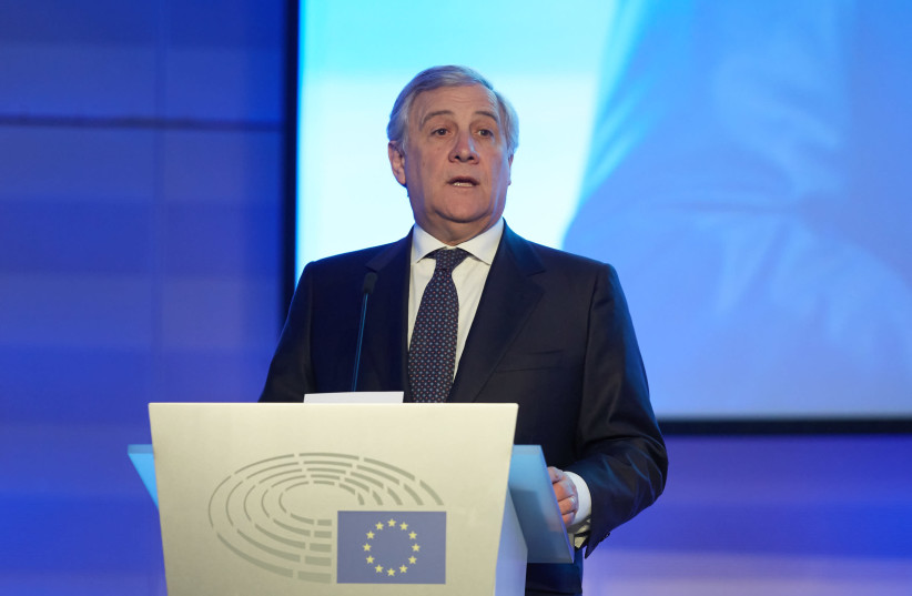 Antonio Tajani, president of the European Parliament, speaks at a Holocaust memorial ceremony in Brussels on Wednesday. (photo credit: SERGEY KAMINSKY)