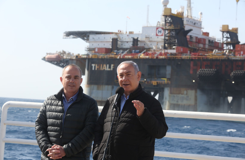Prime Minister Benjamin Netanyahu and Minister of National Infrastructure, Energy & Water Resources Yuval Steinitz in front of the Leviathan gas platform (photo credit: MARC ISRAEL SELLEM)