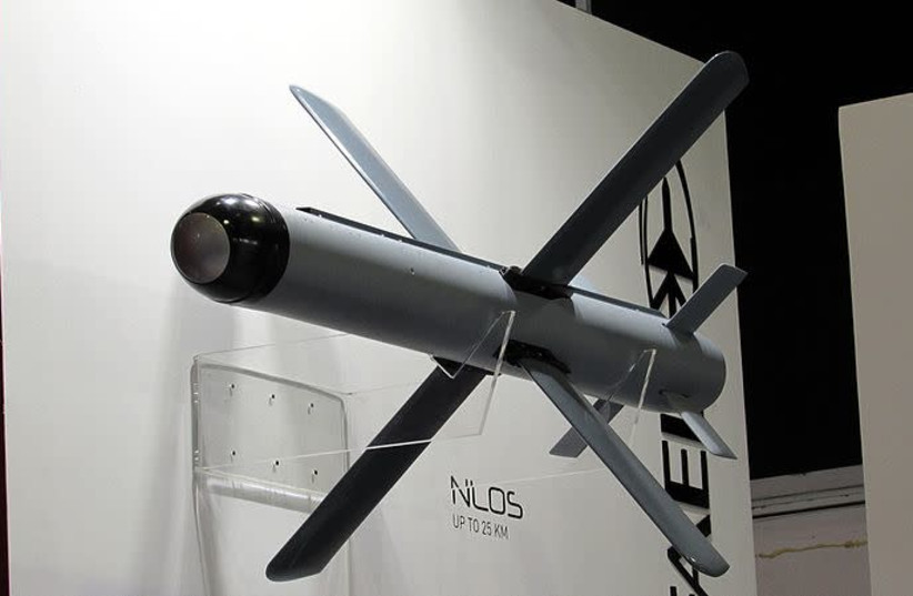 A full scale mock up of a Spike NLOS missile made by the Israeli company, Rafael Systems (photo credit: RHK111/WIKIMEDIA COMMONS)