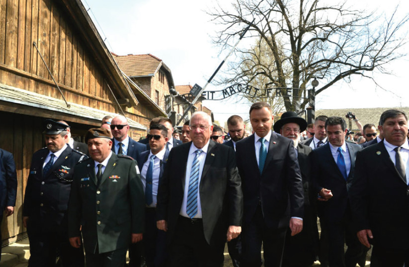 President Reuven Rivlin leads the 2018 March of the Living from Auschwitz to Birkenau (photo credit: YOSSI ZELIGER)