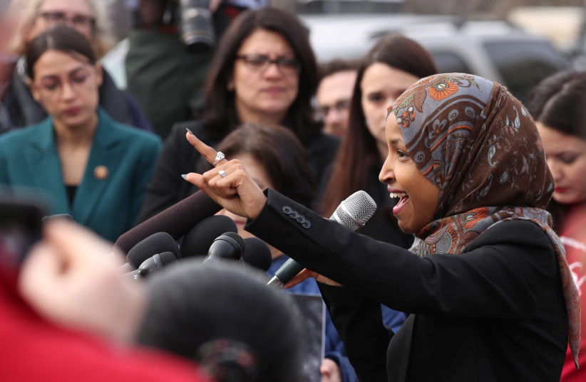 U.S. Representative Ilhan Omar (D-MN) participates in a news conference to call on Congress to cut funding for ICE (Immigration and Customs Enforcement), at the U.S. Capitol in Washington, U.S. February 7, 2019 (photo credit: JONATHAN ERNST / REUTERS)