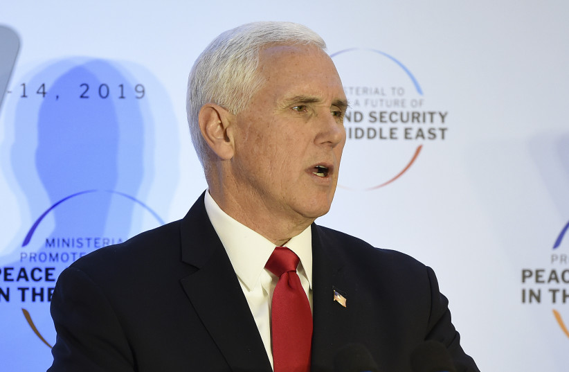 US Vice President Mike Pence gives a speech during the conference on peace and security in the Middle East in Warsaw, on February 14, 2019 (photo credit: JANEK SKARZYNSKI / AFP)