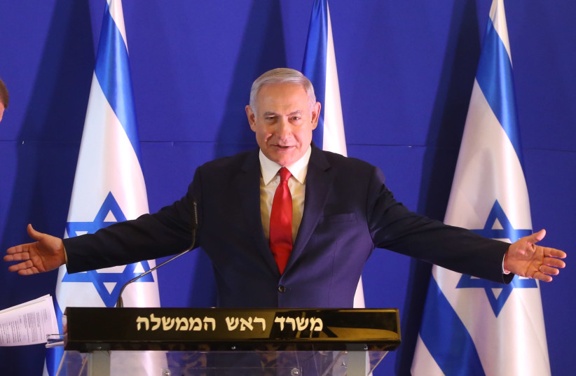 Prime Minister Benjamin Netanyahu at a press conference, February 19th, 2019 (photo credit: MARC ISRAEL SELLEM/THE JERUSALEM POST)