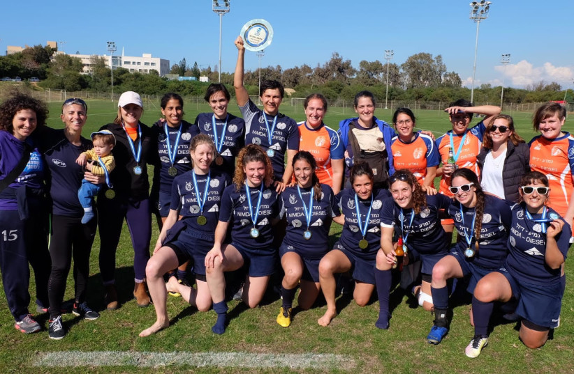 The Tel Aviv Amazons women’s 7s rugby team after their national championship win, February 2019 (photo credit: Courtesy)