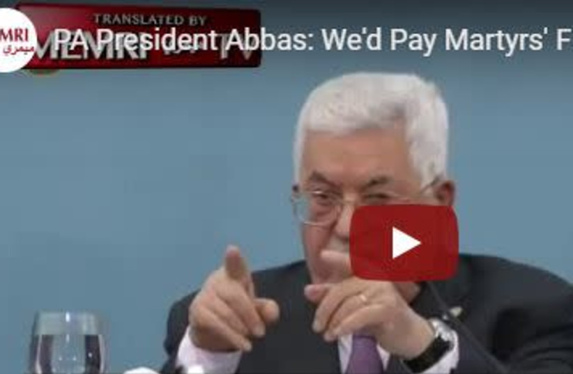 Mahmoud Abbas admits the PA pays terrorists. (photo credit: screenshot)