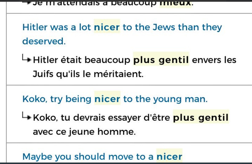 Picture of a translation provided by he website Reverso Context when searching for the translation of the word "nicer." (photo credit: SOCIAL MEDIA)