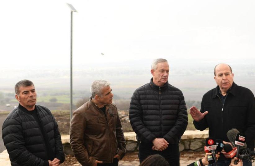 From Left to Right: Blue and White politicians Gabi Ashkenazi, Yair Lapid, Benny Gantz and Moshe Ya'alon in the Golan Heights. (photo credit: TELEM PARTY PR)