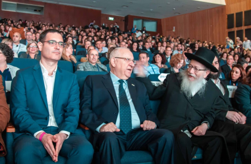 Health Ministry Director-General Moshe Bar Siman Tov, President Reuven Rivlin and Deputy Health Minister Ya'acov Litzman (photo credit: HEALTH MINISTRY)